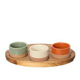 Kitchen Goods Stoneware Oval Tapas Set on Wooden Board 25cm - Green, Orange and Cream,